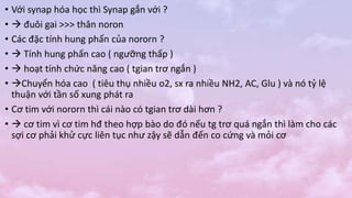 • Với synap hóa học thì Synap gắn với ?
•  đuôi gai >>> thân noron
• Các đặc tính hung phấn của nororn ?
•  Tính hung phấn cao ( ngưỡng thấp )
•  hoạt tính chức năng cao ( tgian trơ ngắn )
• Chuyển hóa cao ( tiêu thụ nhiều o2, sx ra nhiều NH2, AC, Glu ) và nó tỷ lệ
thuận với tần số xung phát ra
• Cơ tim với nororn thì cái nào có tgian trơ dài hơn ?
•  cơ tim vì cơ tim hđ theo hợp bào do đó nếu tg trơ quá ngắn thì làm cho các
sợi cơ phải khử cực liên tục như zậy sẽ dẫn đến co cứng và mỏi cơ
 