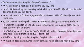 • Đường dẫn truyền cảm giác nông có 3 nororon ?
•  N1 : có nhân ở hạch gai đi đến sừng sau tủy sống
•  N2 : Nhân ở sừng sau tủy sống và bắt chéo qua bên đối diện và cho các sợi đi
đối nhân bụng sau của đồi thị
•  N3 : thân noron ở nhân bụng sau đồi thị cho sợi đi lên vỏ não diện sau rãnh
trung tâm
• Sự bắt chéo của đường dẫn truyền XG thô xơ và cảm giác đau,nhiệt thế nào ?
•  với XGTS thì tại N2 nó bắt chéo qua thừng trước tủy sống rồi đi lên đồi thị
theo dải tủy – đồi thị trước
•  với đường truyền cảm giác đau/nhiệt thì N2 nó bắt chéo qua thừng bên tủy
sống rồi đi lên đồi thị theo dải tủy – đồi thị bên
• Khi đứt ½ tủy sống thì mất cảm giác nông bên nào cơ thể ?
•  mất bên đối diện vì đường truyền cảm giác nông bắt chéo ngay ở tủy sống
 