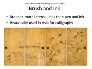 Two-dimensional > Drawing > Dry Media CrayonsOil pastels combine ground pigment and oil binder - adhere better to the drawing paper; wide variety of colors; more difficult to blendWax crayons combine ground pigment with a wax binder – less apt to smudge; non-toxic for kids use.