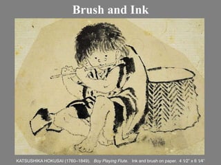 Two-dimensional > Drawing > Liquid MediaPen and InkCan have variety of line width depending on tip of pen and the pressure on the tip.Crow quill with ink well or fountain pen.Also, used for writingAsian calligraphy artistsFavored by and readily available to RembrandtMade thousands of pen and ink sketches