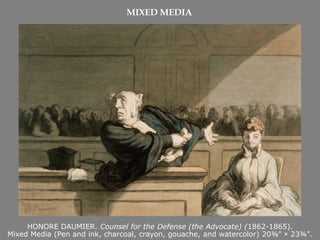 Two-dimensional > Drawing > Liquid Media Brush & Ink WashWatered down inkBroad, quick areas of value Used for spontaneity and immediacy.The brush can define volume and shadowing, from thin line to a broad sweep.   