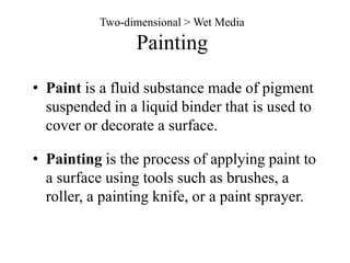 Two-dimensional > Drawing > Digital DrawingArchitectural & EngineeringUses programs to create building and structure plansSeveral different programs available:AutoCad (85% engineering firms use), Cad Pipe (draws ductwork in 3-D), Pro-E (3-D drawing for assembly of industrial and manufacturing—easy to modify), MicroStation (often used by government—works with AutoCad program well)