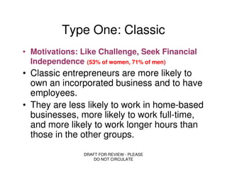 Type One: Classic
• Motivations: Like Challenge, Seek Financial
  Independence (53% of women, 71% of men)
• Classic entrepreneurs are more likely to
  own an incorporated business and to have
  employees.
• They are less likely to work in home-based
  businesses, more likely to work full-time,
  and more likely to work longer hours than
  those in the other groups.

               DRAFT FOR REVIEW - PLEASE
                   DO NOT CIRCULATE
 