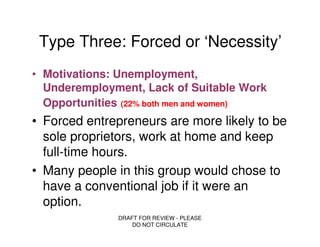 Type Three: Forced or ‘Necessity’
• Motivations: Unemployment,
  Underemployment, Lack of Suitable Work
  Opportunities (22% both men and women)
• Forced entrepreneurs are more likely to be
  sole proprietors, work at home and keep
  full-time hours.
• Many people in this group would chose to
  have a conventional job if it were an
  option.
              DRAFT FOR REVIEW - PLEASE
                  DO NOT CIRCULATE
 