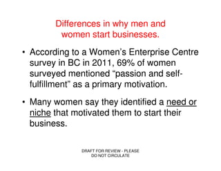 Differences in why men and
         women start businesses.
• According to a Women’s Enterprise Centre
  survey in BC in 2011, 69% of women
  surveyed mentioned “passion and self-
  fulfillment” as a primary motivation.
• Many women say they identified a need or
  niche that motivated them to start their
  business.

              DRAFT FOR REVIEW - PLEASE
                  DO NOT CIRCULATE
 