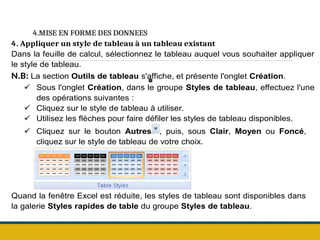 4.MISE EN FORME DES DONNEES
.
4. Appliquer un style de tableau à un tableau existant
Dans la feuille de calcul, sélectionnez le tableau auquel vous souhaiter appliquer
le style de tableau.
N.B: La section Outils de tableau s'affiche, et présente l'onglet Création.
 Sous l'onglet Création, dans le groupe Styles de tableau, effectuez l'une
des opérations suivantes :
 Cliquez sur le style de tableau à utiliser.
 Utilisez les flèches pour faire défiler les styles de tableau disponibles.
 Cliquez sur le bouton Autres , puis, sous Clair, Moyen ou Foncé,
cliquez sur le style de tableau de votre choix.
Quand la fenêtre Excel est réduite, les styles de tableau sont disponibles dans
la galerie Styles rapides de table du groupe Styles de tableau.
 