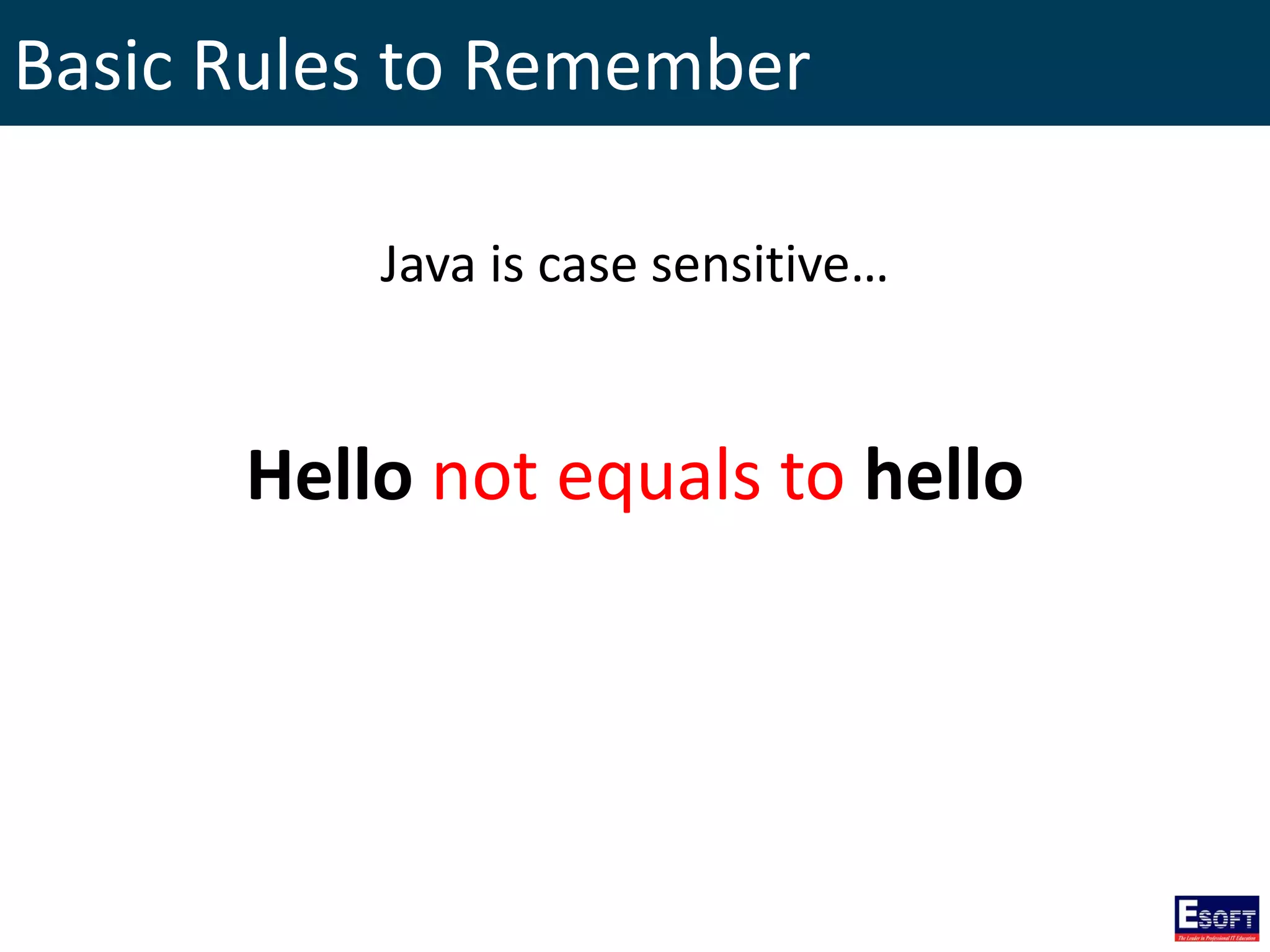 Basic Rules to Remember
Java is case sensitive…
Hello not equals to hello
 