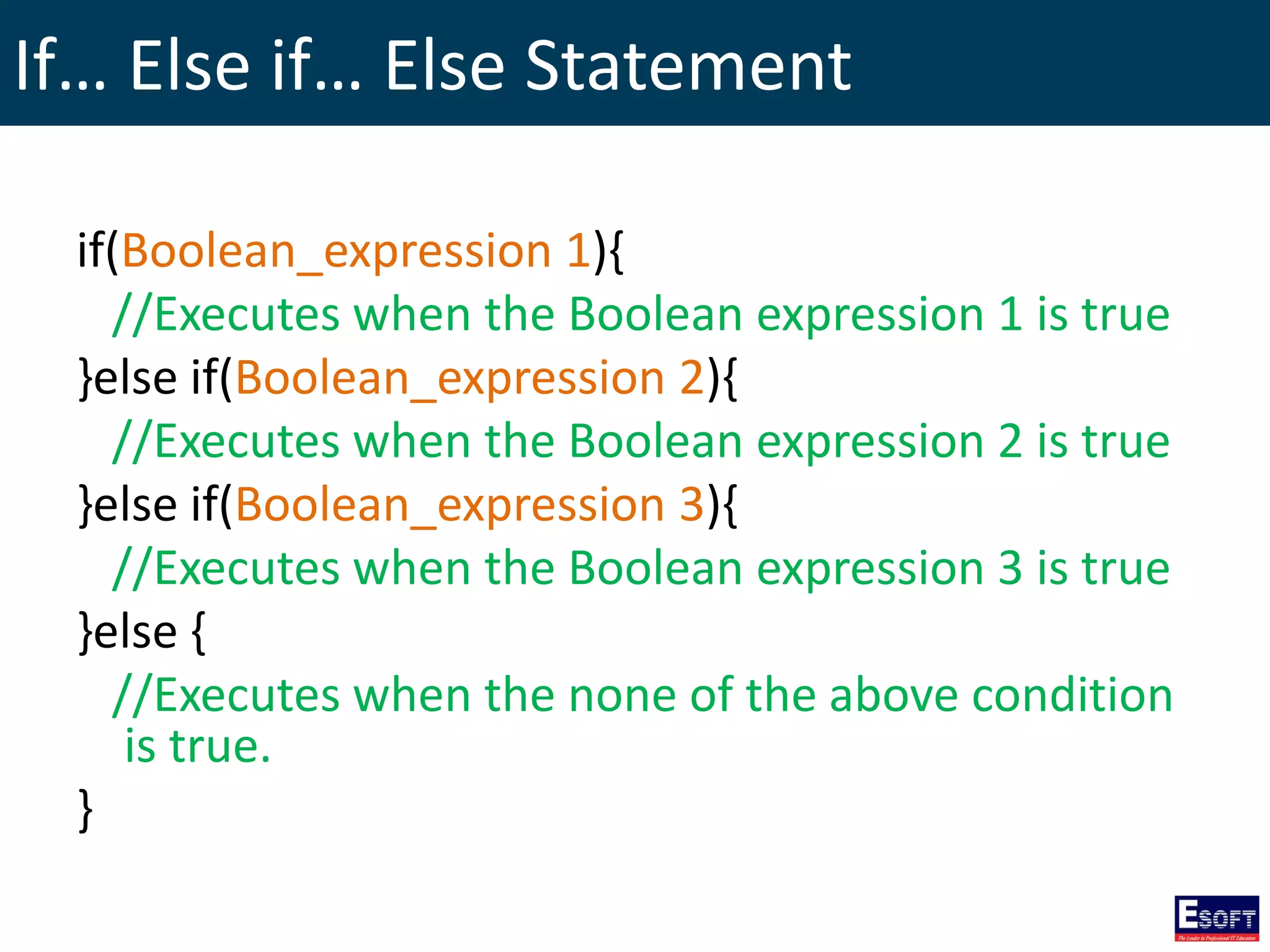 If… Else if… Else Statement
if(Boolean_expression 1){
//Executes when the Boolean expression 1 is true
}else if(Boolean_expression 2){
//Executes when the Boolean expression 2 is true
}else if(Boolean_expression 3){
//Executes when the Boolean expression 3 is true
}else {
//Executes when the none of the above condition
is true.
}
 