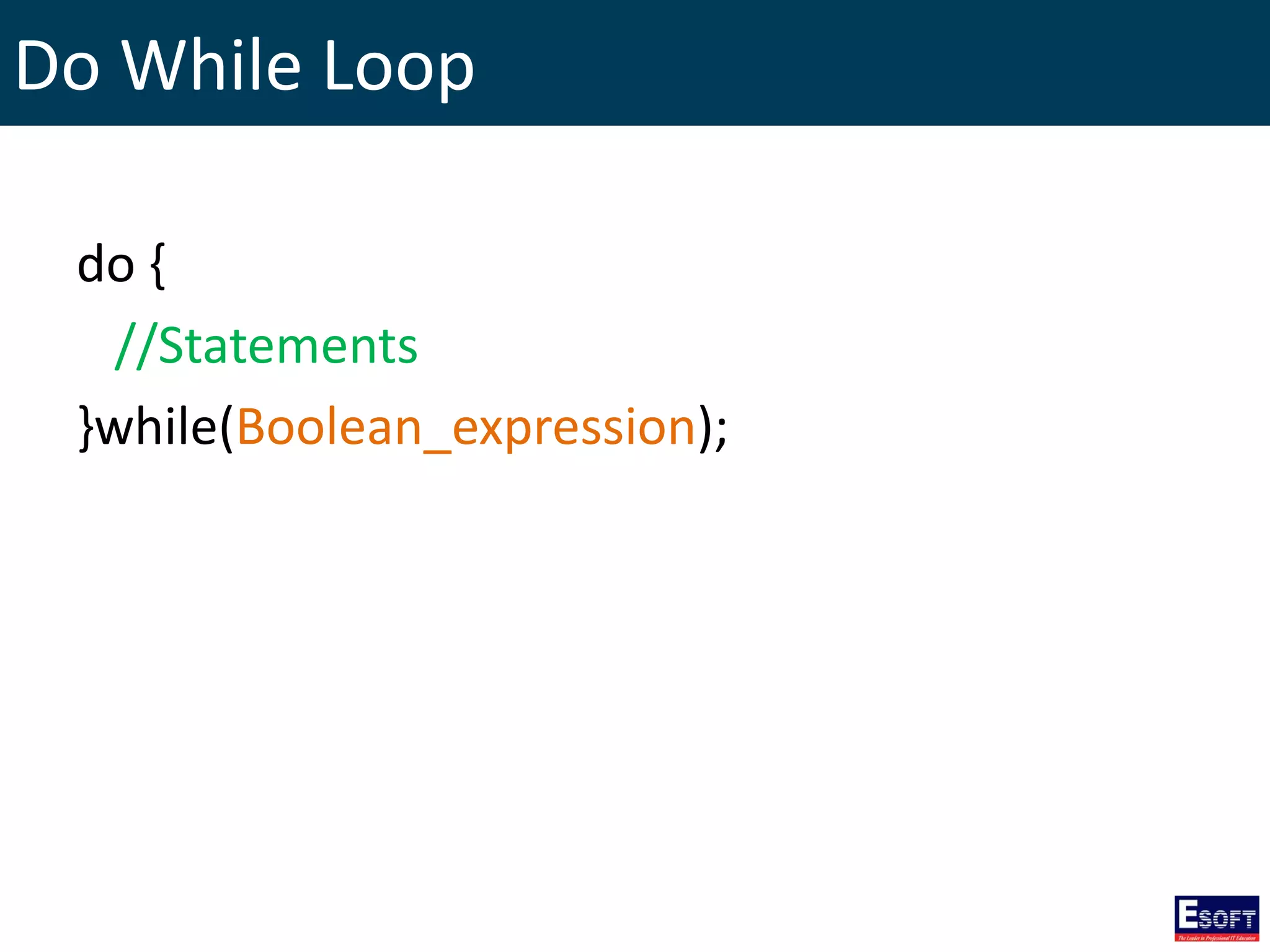 Do While Loop
do {
//Statements
}while(Boolean_expression);
 
