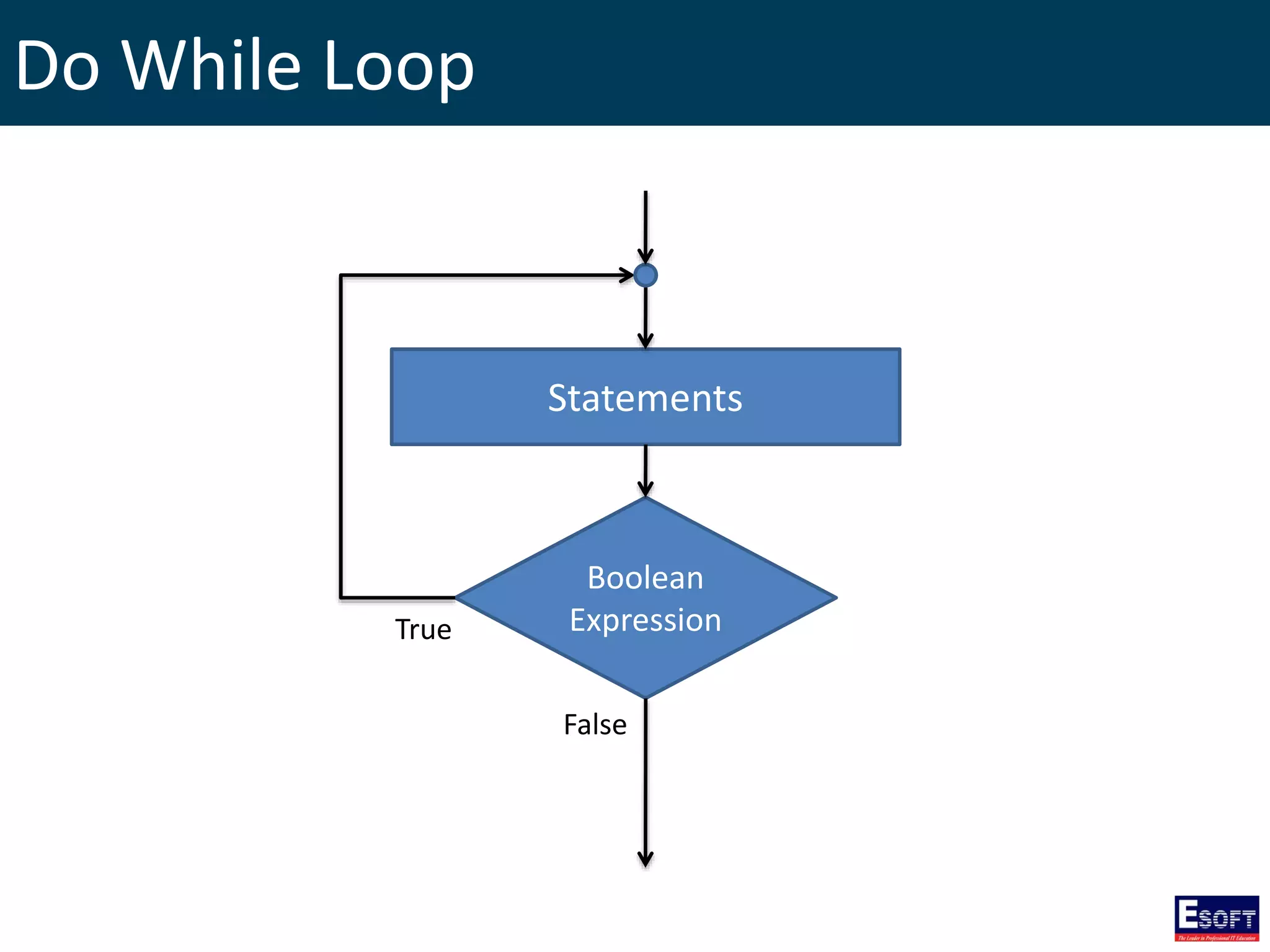 Do While Loop
Boolean
Expression
Statements
True
False
 