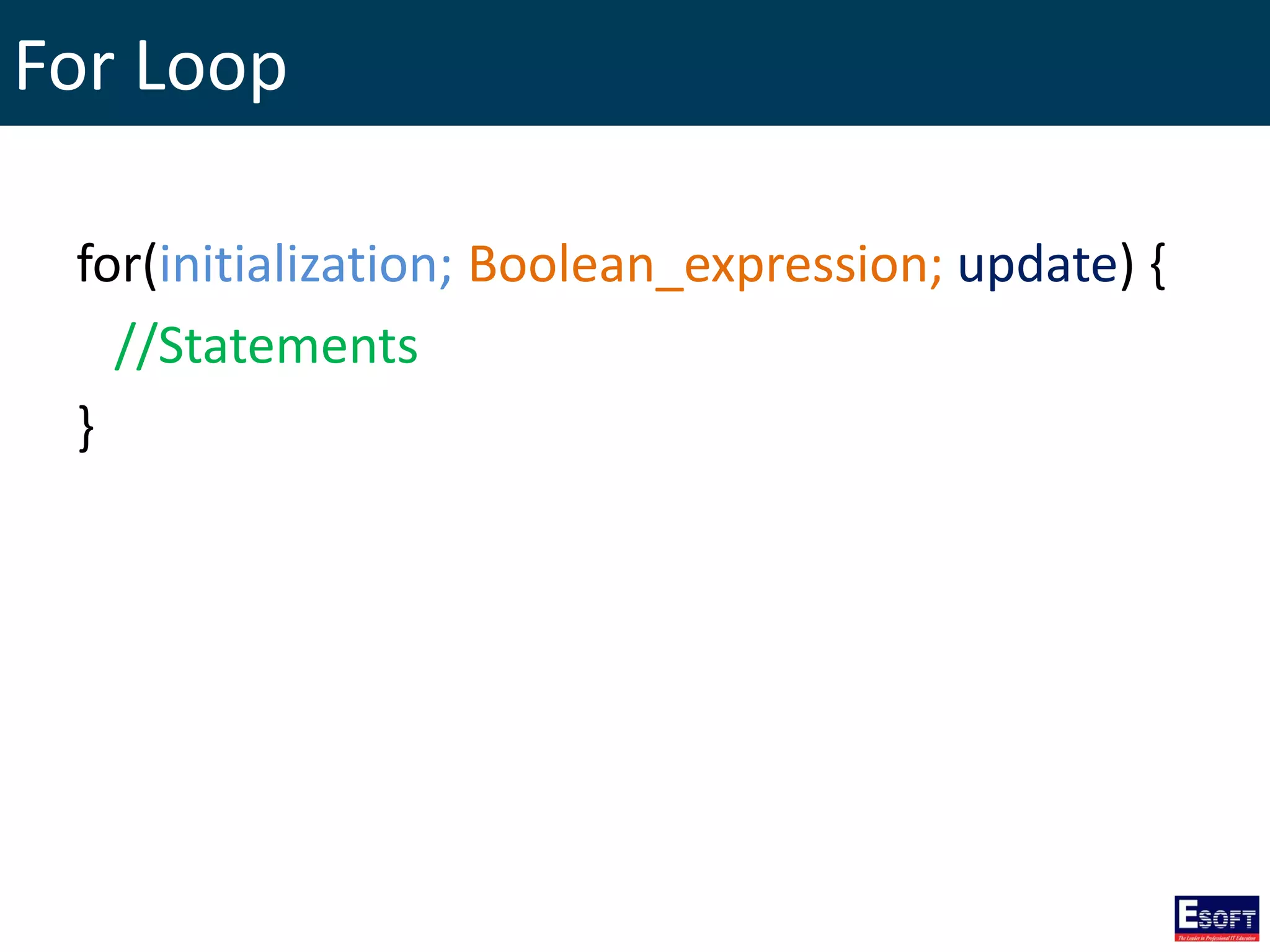 For Loop
for(initialization; Boolean_expression; update) {
//Statements
}
 