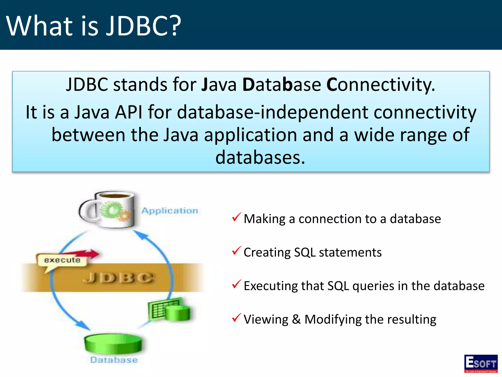 What is JDBC?
JDBC stands for Java Database Connectivity.
It is a Java API for database-independent connectivity
between the Java application and a wide range of
databases.
Making a connection to a database
Creating SQL statements
Executing that SQL queries in the database
Viewing & Modifying the resulting records
 