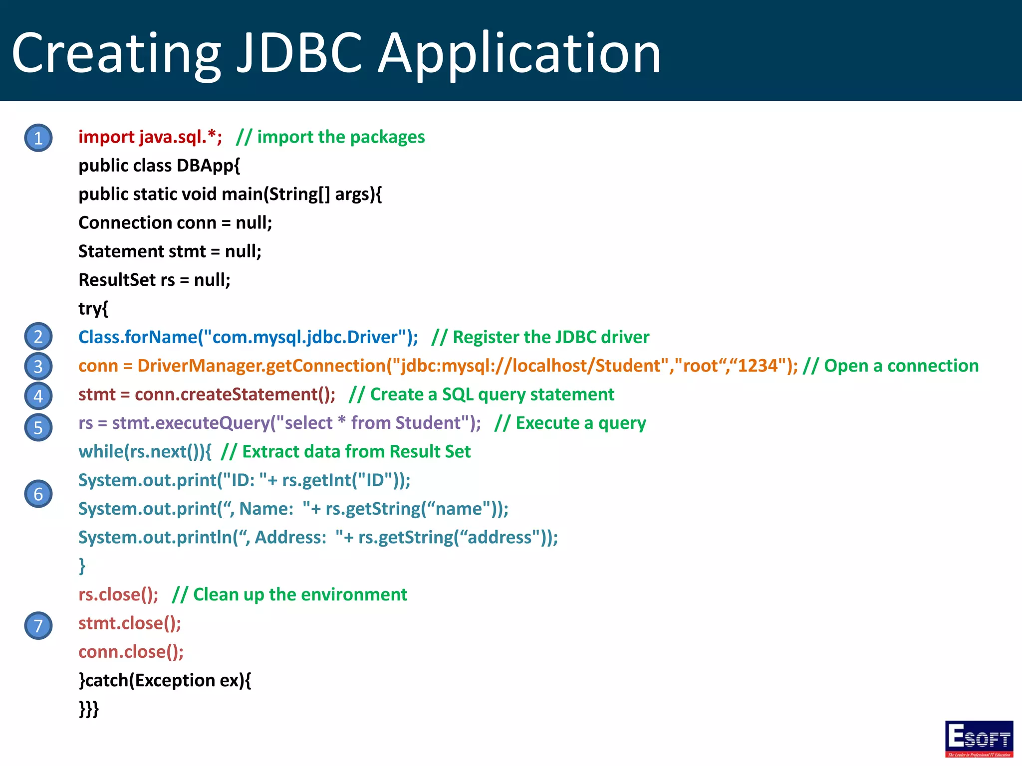 Creating JDBC Application
import java.sql.*; // import the packages
public class DBApp{
public static void main(String[] args){
Connection conn = null;
Statement stmt = null;
ResultSet rs = null;
try{
Class.forName("com.mysql.jdbc.Driver"); // Register the JDBC driver
conn = DriverManager.getConnection("jdbc:mysql://localhost/Student","root“,“1234"); // Open a connection
stmt = conn.createStatement(); // Create a SQL query statement
rs = stmt.executeQuery("select * from Student"); // Execute a query
while(rs.next()){ // Extract data from Result Set
System.out.print("ID: "+ rs.getInt("ID"));
System.out.print(“, Name: "+ rs.getString(“name"));
System.out.println(“, Address: "+ rs.getString(“address"));
}
rs.close(); // Clean up the environment
stmt.close();
conn.close();
}catch(Exception ex){
}}}
1
2
3
4
5
6
7
 