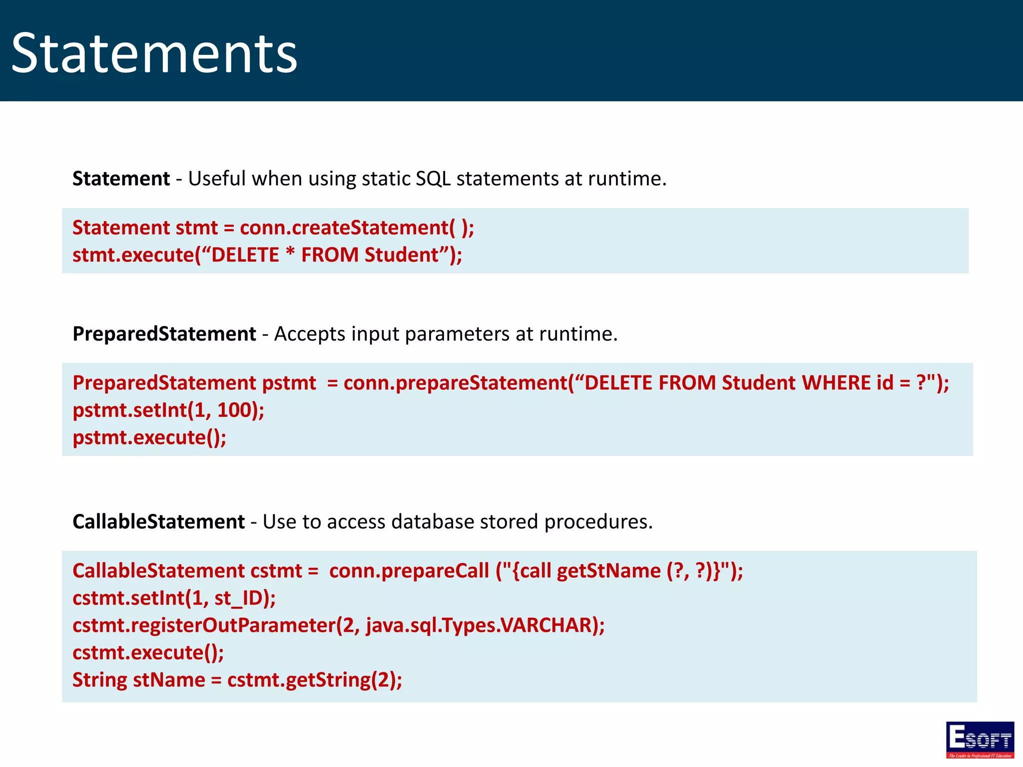 Statements
Statement stmt = conn.createStatement( );
stmt.execute(“DELETE * FROM Student”);
PreparedStatement pstmt = conn.prepareStatement(“DELETE FROM Student WHERE id = ?");
pstmt.setInt(1, 100);
pstmt.execute();
CallableStatement cstmt = conn.prepareCall ("{call getStName (?, ?)}");
cstmt.setInt(1, st_ID);
cstmt.registerOutParameter(2, java.sql.Types.VARCHAR);
cstmt.execute();
String stName = cstmt.getString(2);
Statement - Useful when using static SQL statements at runtime.
PreparedStatement - Accepts input parameters at runtime.
CallableStatement - Use to access database stored procedures.
 