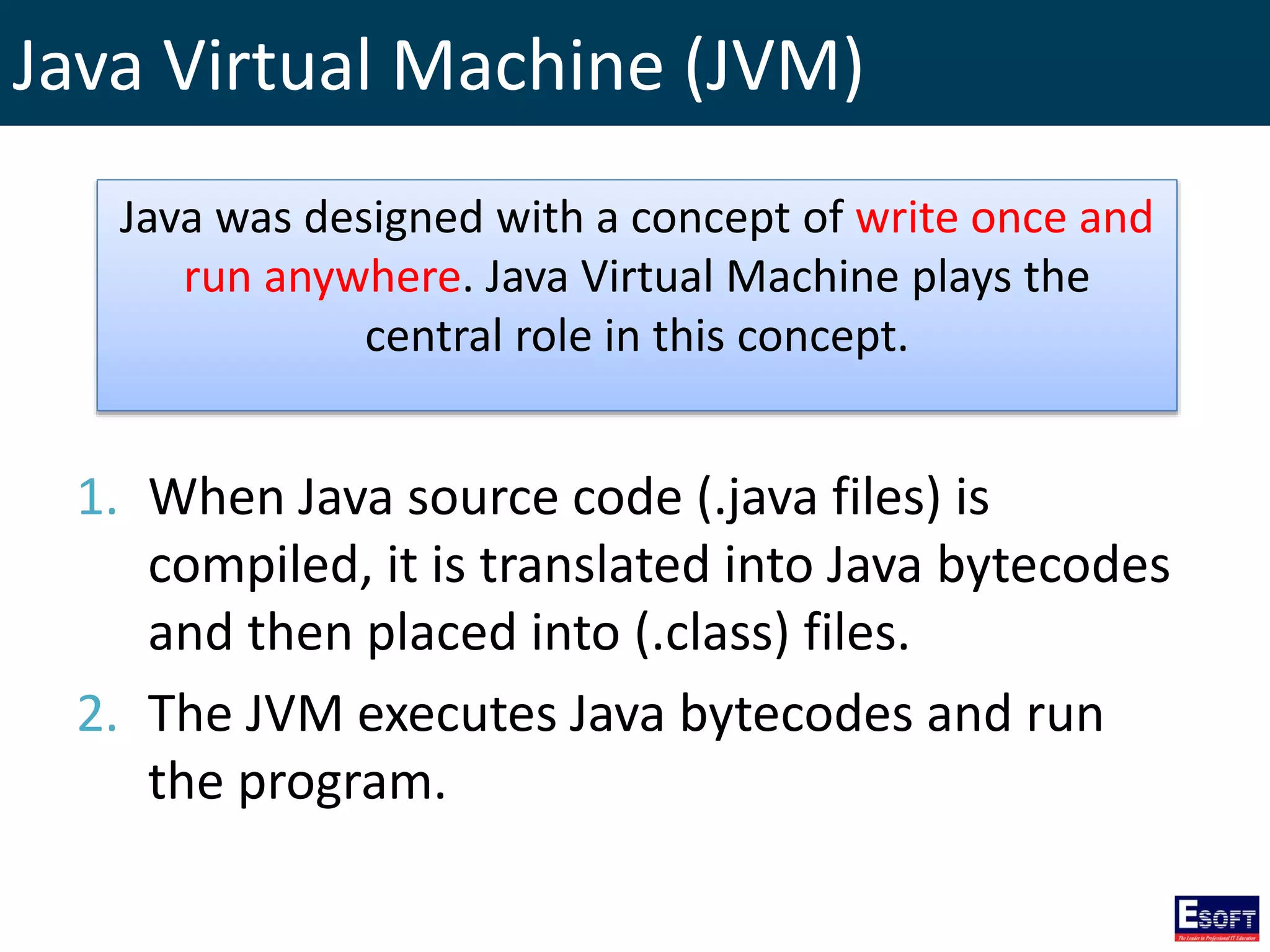 Java Virtual Machine (JVM)
1. When Java source code (.java files) is
compiled, it is translated into Java bytecodes
and then placed into (.class) files.
2. The JVM executes Java bytecodes and run
the program.
Java was designed with a concept of write once and
run anywhere. Java Virtual Machine plays the
central role in this concept.
 