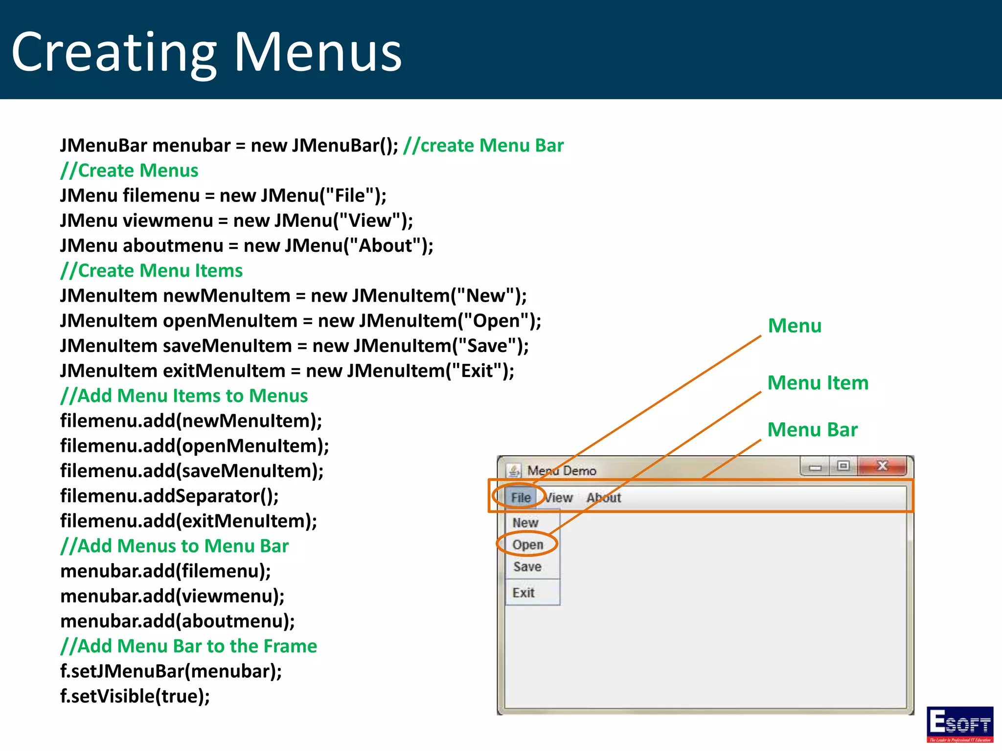 Creating Menus
JMenuBar menubar = new JMenuBar(); //create Menu Bar
//Create Menus
JMenu filemenu = new JMenu("File");
JMenu viewmenu = new JMenu("View");
JMenu aboutmenu = new JMenu("About");
//Create Menu Items
JMenuItem newMenuItem = new JMenuItem("New");
JMenuItem openMenuItem = new JMenuItem("Open");
JMenuItem saveMenuItem = new JMenuItem("Save");
JMenuItem exitMenuItem = new JMenuItem("Exit");
//Add Menu Items to Menus
filemenu.add(newMenuItem);
filemenu.add(openMenuItem);
filemenu.add(saveMenuItem);
filemenu.addSeparator();
filemenu.add(exitMenuItem);
//Add Menus to Menu Bar
menubar.add(filemenu);
menubar.add(viewmenu);
menubar.add(aboutmenu);
//Add Menu Bar to the Frame
f.setJMenuBar(menubar);
f.setVisible(true);
Menu
Menu Item
Menu Bar
 