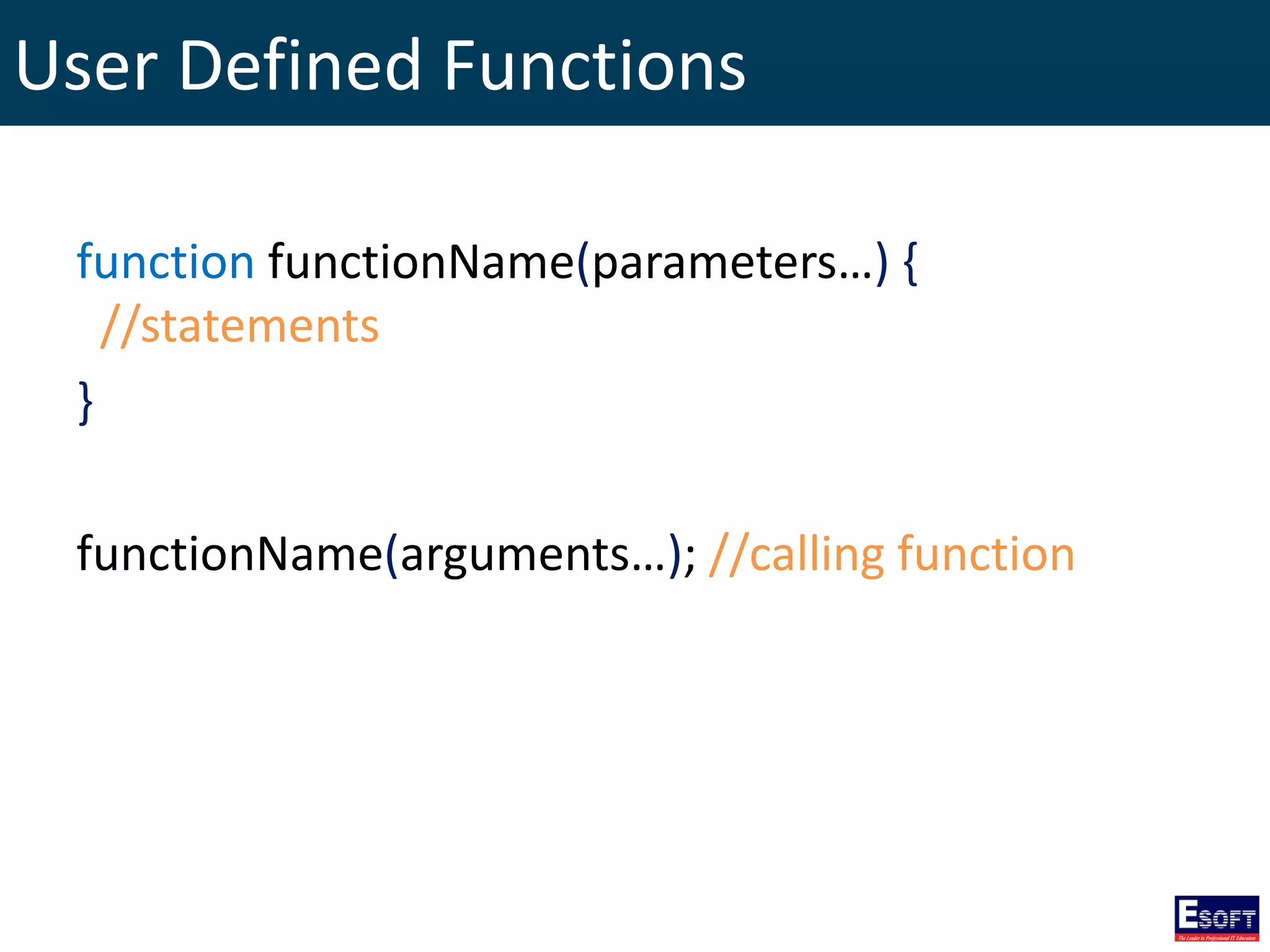User Defined Functions
function functionName(parameters…) {
//statements
}
functionName(arguments…); //calling function
 