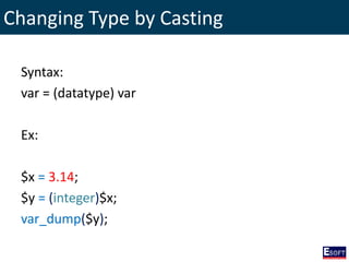 Changing Type by Casting
Syntax:
var = (datatype) var
Ex:
$x = 3.14;
$y = (integer)$x;
var_dump($y);
 