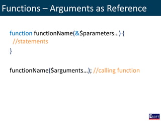 Functions – Arguments as Reference
function functionName(&$parameters…) {
//statements
}
functionName($arguments…); //calling function
 