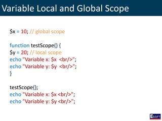 Variable Local and Global Scope
$x = 10; // global scope
function testScope() {
$y = 20; // local scope
echo "Variable x: $x <br/>";
echo "Variable y: $y <br/>";
}
testScope();
echo "Variable x: $x <br/>";
echo "Variable y: $y <br/>";
 