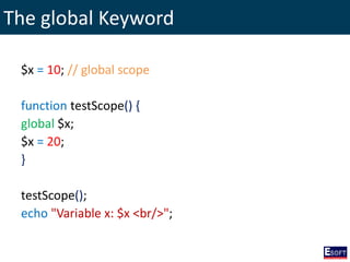 The global Keyword
$x = 10; // global scope
function testScope() {
global $x;
$x = 20;
}
testScope();
echo "Variable x: $x <br/>";
 