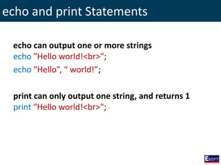 echo and print Statements
echo can output one or more strings
echo "Hello world!<br>";
echo "Hello”, “ world!”;
print can only output one string, and returns 1
print "Hello world!<br>";
 