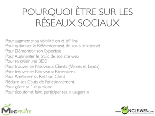 POURQUOI ÊTRE SUR LES
RÉSEAUX SOCIAUX
Pour augmenter sa visibilité on et off line	

Pour optimiser le Référencement de son site internet	

Pour Démontrer son Expertise	

Pour Augmenter le traﬁc de son site web	

Pour se créer une BDD	

Pour trouver de Nouveaux Clients (Ventes et Leads)	

Pour trouver de Nouveaux Partenaires	

Pour Améliorer sa Relation Client	

Réduire ses Couts de Fonctionnement	

Pour gérer sa E-réputation	

Pour écouter et faire participer ses « usagers »	

!
 