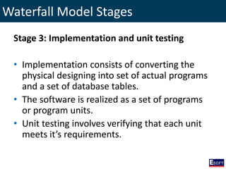 Waterfall Model Stages
Stage 3: Implementation and unit testing
• Implementation consists of converting the
physical designing into set of actual programs
and a set of database tables.
• The software is realized as a set of programs
or program units.
• Unit testing involves verifying that each unit
meets it’s requirements.
 