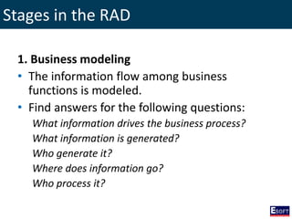 Stages in the RAD
1. Business modeling
• The information flow among business
functions is modeled.
• Find answers for the following questions:
What information drives the business process?
What information is generated?
Who generate it?
Where does information go?
Who process it?
 