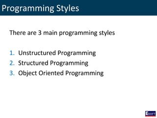 Programming Styles
There are 3 main programming styles
1. Unstructured Programming
2. Structured Programming
3. Object Oriented Programming
 