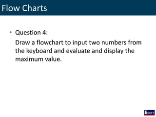Flow Charts
• Question 4:
Draw a flowchart to input two numbers from
the keyboard and evaluate and display the
maximum value.
 