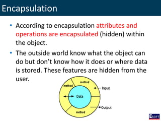 Encapsulation
• According to encapsulation attributes and
operations are encapsulated (hidden) within
the object.
• The outside world know what the object can
do but don’t know how it does or where data
is stored. These features are hidden from the
user.
 