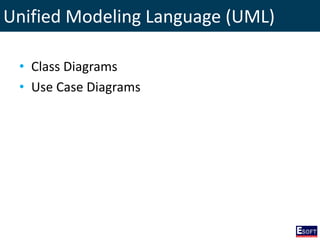 Unified Modeling Language (UML)
• Class Diagrams
• Use Case Diagrams
 