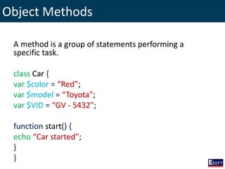 Object Methods
A method is a group of statements performing a
specific task.
class Car {
var $color = “Red”;
var $model = “Toyota”;
var $VID = “GV - 5432”;
function start() {
echo “Car started”;
}
}
 