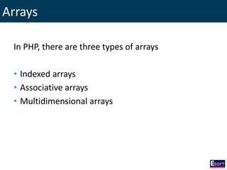 Arrays
In PHP, there are three types of arrays
• Indexed arrays
• Associative arrays
• Multidimensional arrays
 