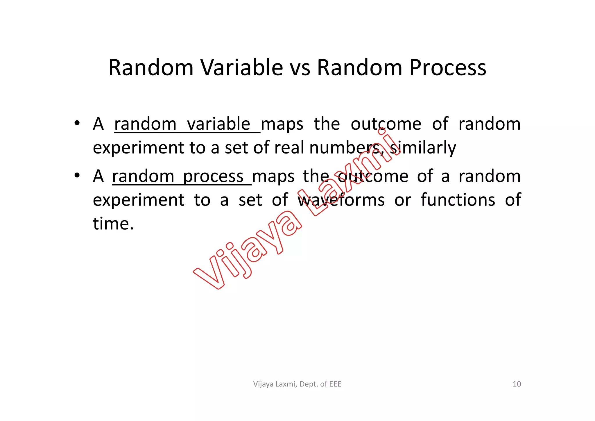 Random Variable vs Random Process
• A random variable maps the outcome of random
experiment to a set of real numbers, similarly
• A random process maps the outcome of a random
experiment to a set of waveforms or functions ofexperiment to a set of waveforms or functions of
time.
10Vijaya Laxmi, Dept. of EEE
 