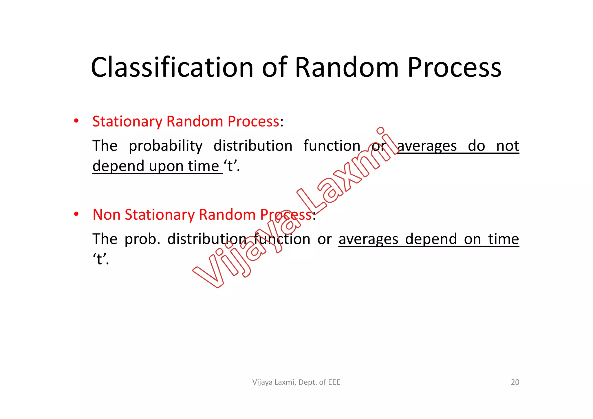 Classification of Random Process
• Stationary Random Process:
The probability distribution function or averages do not
depend upon time ‘t’.
• Non Stationary Random Process:• Non Stationary Random Process:
The prob. distribution function or averages depend on time
‘t’.
20Vijaya Laxmi, Dept. of EEE
 