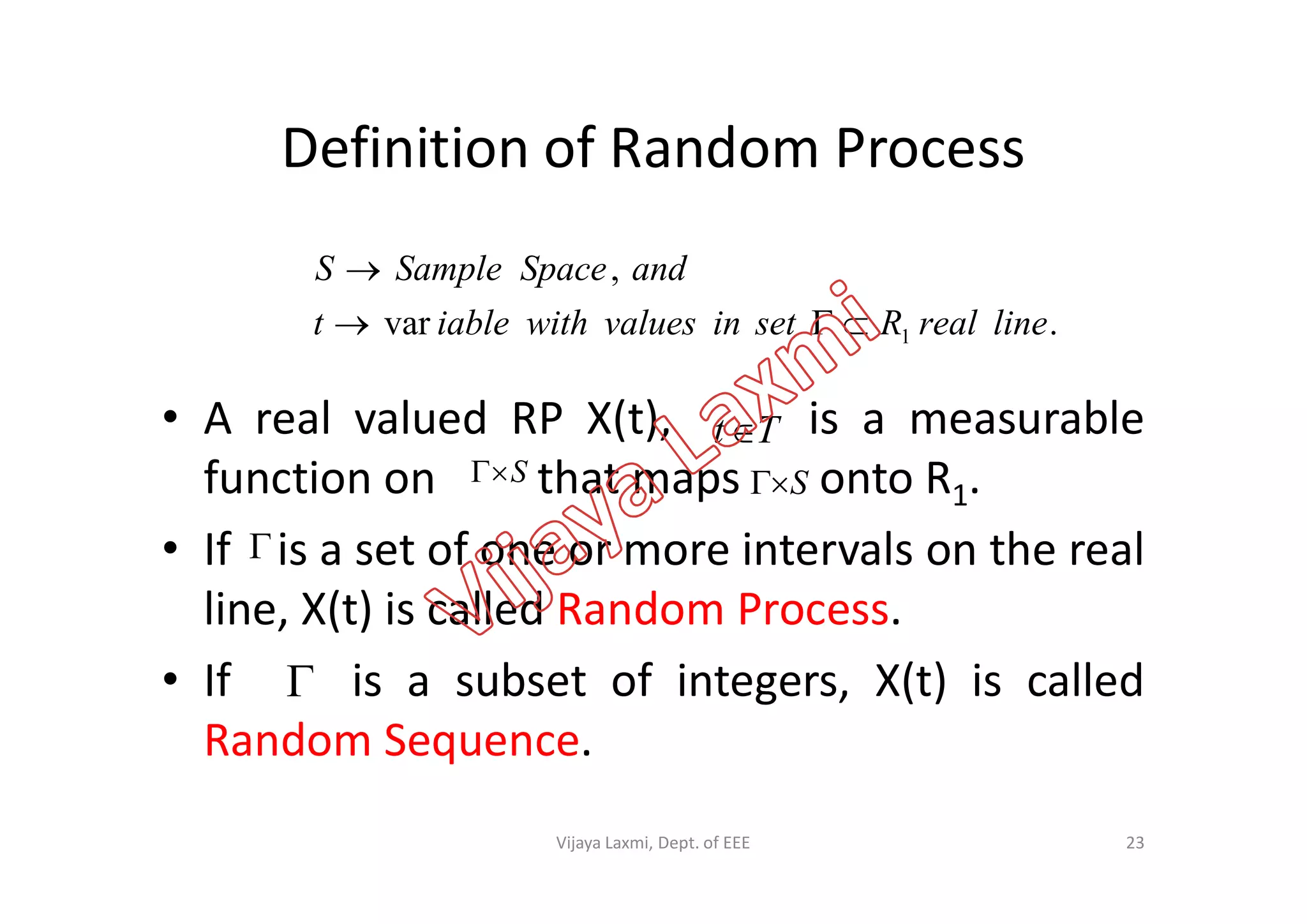 Definition of Random Process
• A real valued RP X(t), is a measurable
function on that maps onto R .
Tt
S
.var
,
1 linerealRsetinvalueswithiablet
andSpaceSampleS


function on that maps onto R1.
• If is a set of one or more intervals on the real
line, X(t) is called Random Process.
• If is a subset of integers, X(t) is called
Random Sequence.
S S


23Vijaya Laxmi, Dept. of EEE
 
