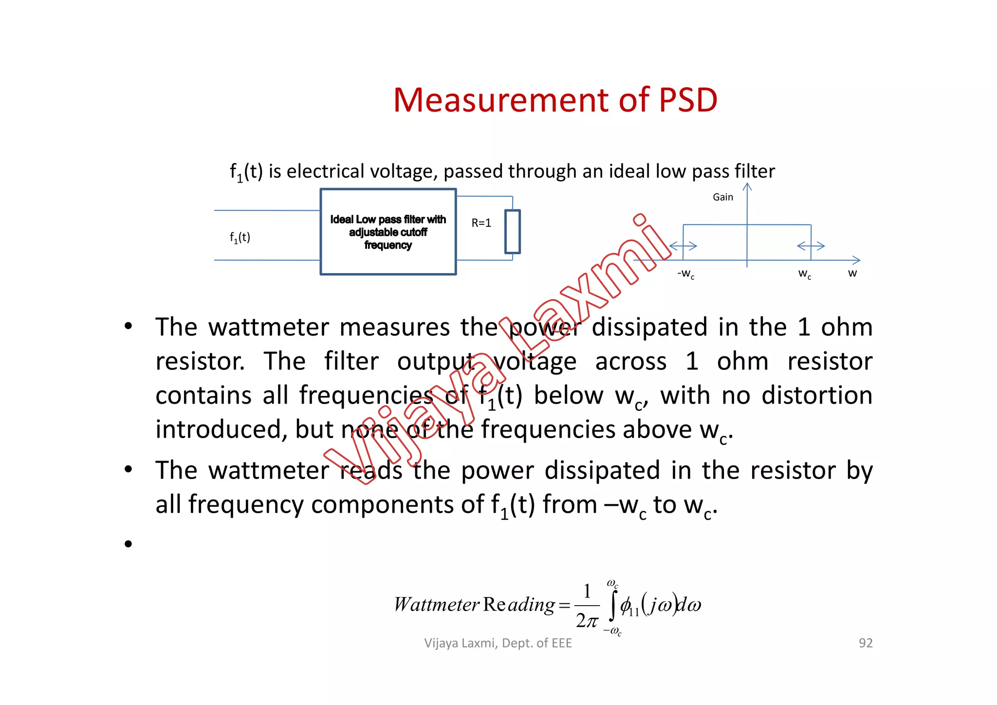Measurement of PSD
• The wattmeter measures the power dissipated in the 1 ohm
resistor. The filter output voltage across 1 ohm resistor
R=1
f1(t)
-wc wc w
Gain
f1(t) is electrical voltage, passed through an ideal low pass filter
resistor. The filter output voltage across 1 ohm resistor
contains all frequencies of f1(t) below wc, with no distortion
introduced, but none of the frequencies above wc.
• The wattmeter reads the power dissipated in the resistor by
all frequency components of f1(t) from –wc to wc.
•
  



djadingWattmeter
c
c

 11
2
1
Re
92Vijaya Laxmi, Dept. of EEE
 