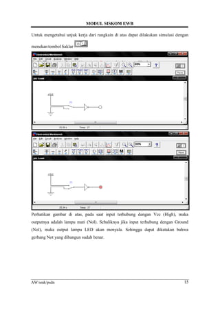 MODUL SISKOM EWB
15AW/smk/psdn
Untuk mengetahui unjuk kerja dari rangkain di atas dapat dilakukan simulasi dengan
menekan tombolSaklar
Perhatikan gambar di atas, pada saat input terhubung dengan Vcc (High), maka
outputnya adalah lampu mati (Nol). Sebaliknya jika input terhubung dengan Ground
(Nol), maka output lampu LED akan menyala. Sehingga dapat dikatakan bahwa
gerbang Not yang dibangun sudah benar.
 