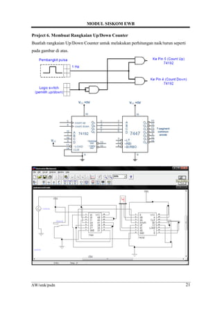 MODUL SISKOM EWB
21AW/smk/psdn
Project 6. Membuat Rangkaian Up/Down Counter
Buatlah rangkaian Up/Down Counter untuk melakukan perhitungan naik/turun seperti
pada gambar di atas.
 