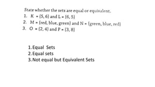 1.Equal Sets
2.Equal sets
3.Not equal but Equivalent Sets
 