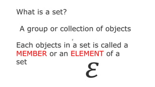 What is a set?
A group or collection of objects
Each objects in a set is called a
MEMBER or an ELEMENT of a
set
𝜖
𝜀
 