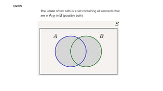 UNION
The union of two sets is a set containing all elements that
are in A or in B (possibly both)
 