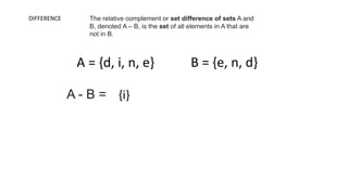 DIFFERENCE The relative complement or set difference of sets A and
B, denoted A – B, is the set of all elements in A that are
not in B.
A = {d, i, n, e} B = {e, n, d}
A - B = {i}
 