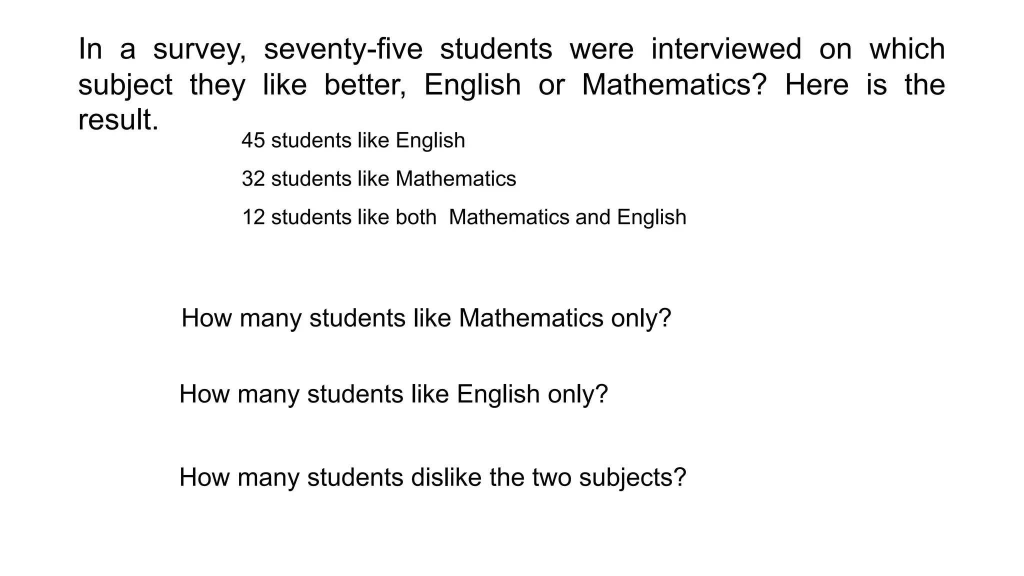 In a survey, seventy-five students were interviewed on which
subject they like better, English or Mathematics? Here is the
result.
45 students like English
32 students like Mathematics
12 students like both Mathematics and English
How many students like Mathematics only?
How many students like English only?
How many students dislike the two subjects?
 