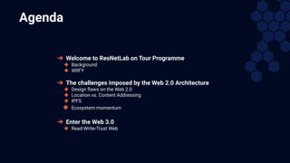 ➔ Welcome to ResNetLab on Tour Programme
◆ Background
◆ WIIFY
➔ The challenges imposed by the Web 2.0 Architecture
◆ Design ﬂaws on the Web 2.0
◆ Location vs. Content Addressing
◆ IPFS
◆ Ecosystem momentum
➔ Enter the Web 3.0
◆ Read-Write-Trust Web
Agenda
 