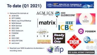 To date (Q1 2021)
➔ Delivered the tutorials at
◆ ACM ICN
◆ IRTF DINRG
◆ Matrix.org Virtual Meetup
◆ NDN Retreat
◆ NGN Seminar
◆ IEEE ICBC
◆ IEEE Globecom
◆ FOSDEM
◆ ICIN
◆ IEEE ICBC
◆ IEEE/IFIP DSN
◆ and more!
➔ Reached over 5000 Academics & attendees +
recording views
 