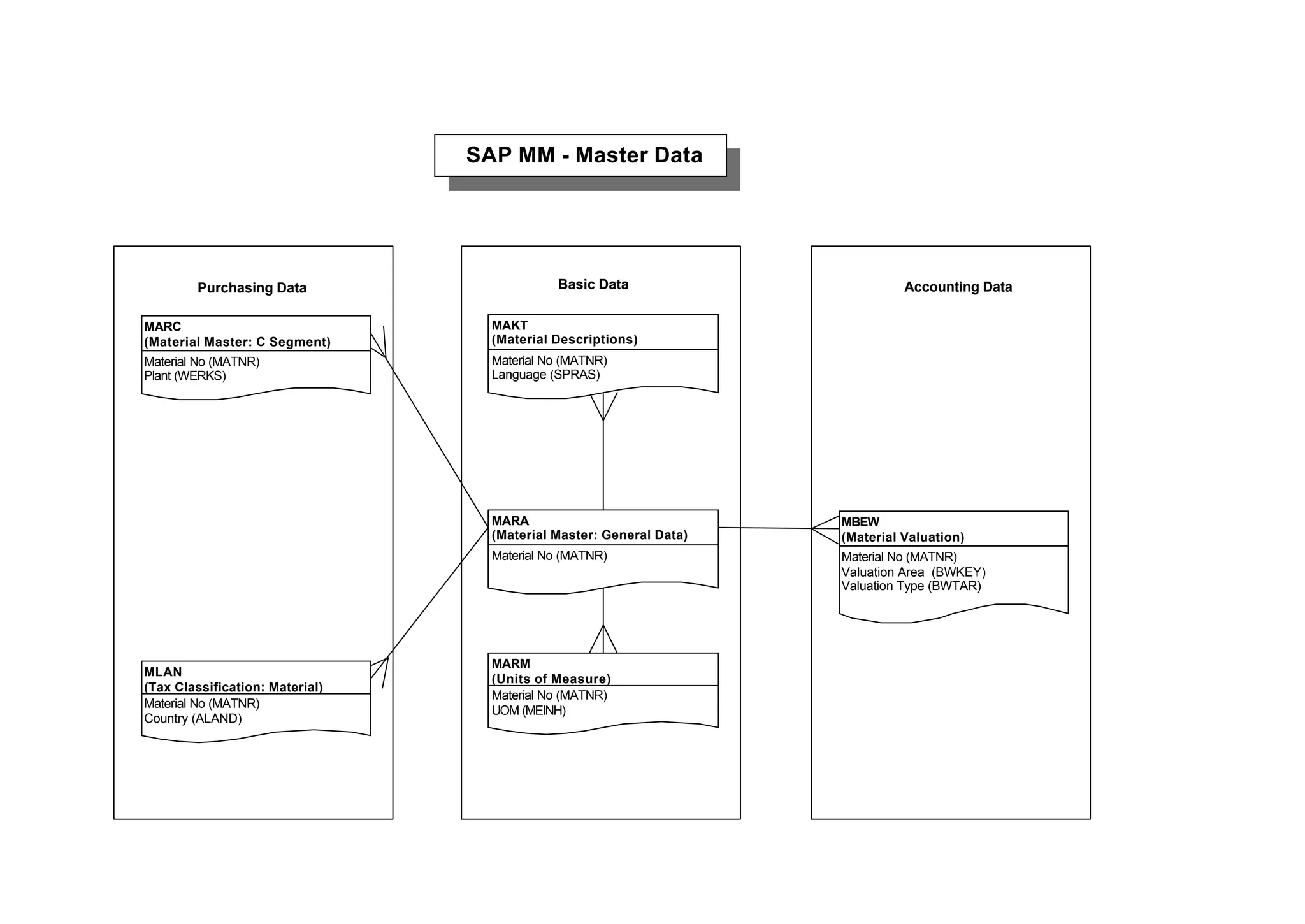 Accounting Data
Basic Data
Purchasing Data
SAP MM - Master Data
MARC
(Material Master: C Segment)
Material No (MATNR)
Plant (WERKS)
MLAN
(Tax Classification: Material)
Material No (MATNR)
Country (ALAND)
MAKT
(Material Descriptions)
Material No (MATNR)
Language (SPRAS)
MARA
(Material Master: General Data)
Material No (MATNR)
MARM
(Units of Measure)
Material No (MATNR)
UOM (MEINH)
MBEW
(Material Valuation)
Material No (MATNR)
Valuation Area (BWKEY)
Valuation Type (BWTAR)
 