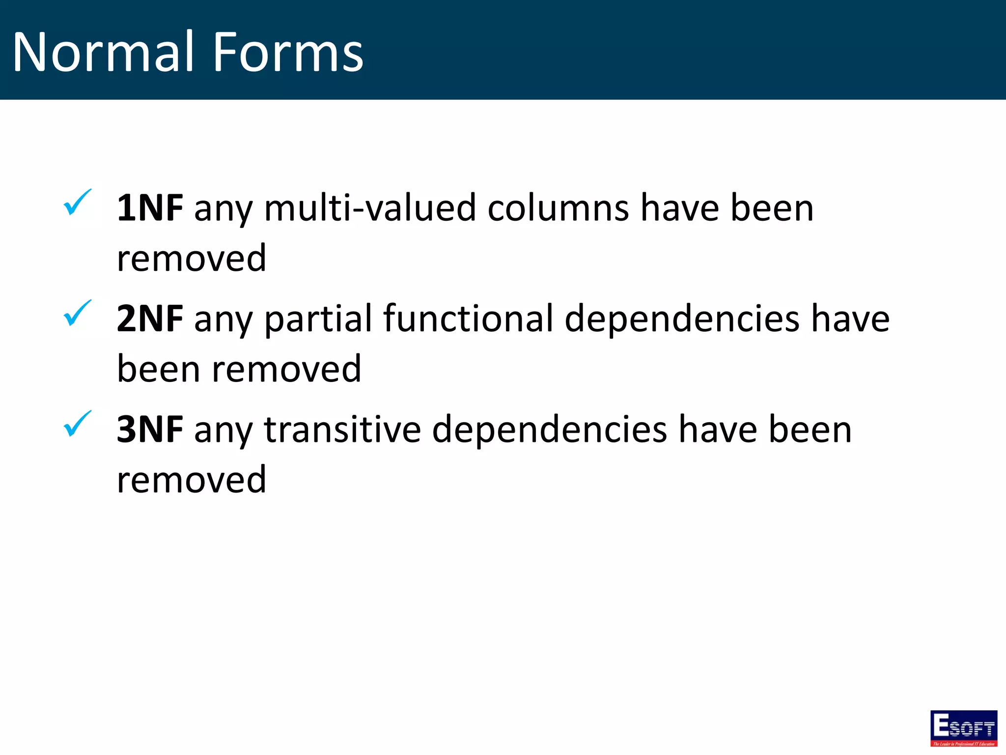 Normal Forms
 1NF any multi-valued columns have been
removed
 2NF any partial functional dependencies have
been removed
 3NF any transitive dependencies have been
removed
 